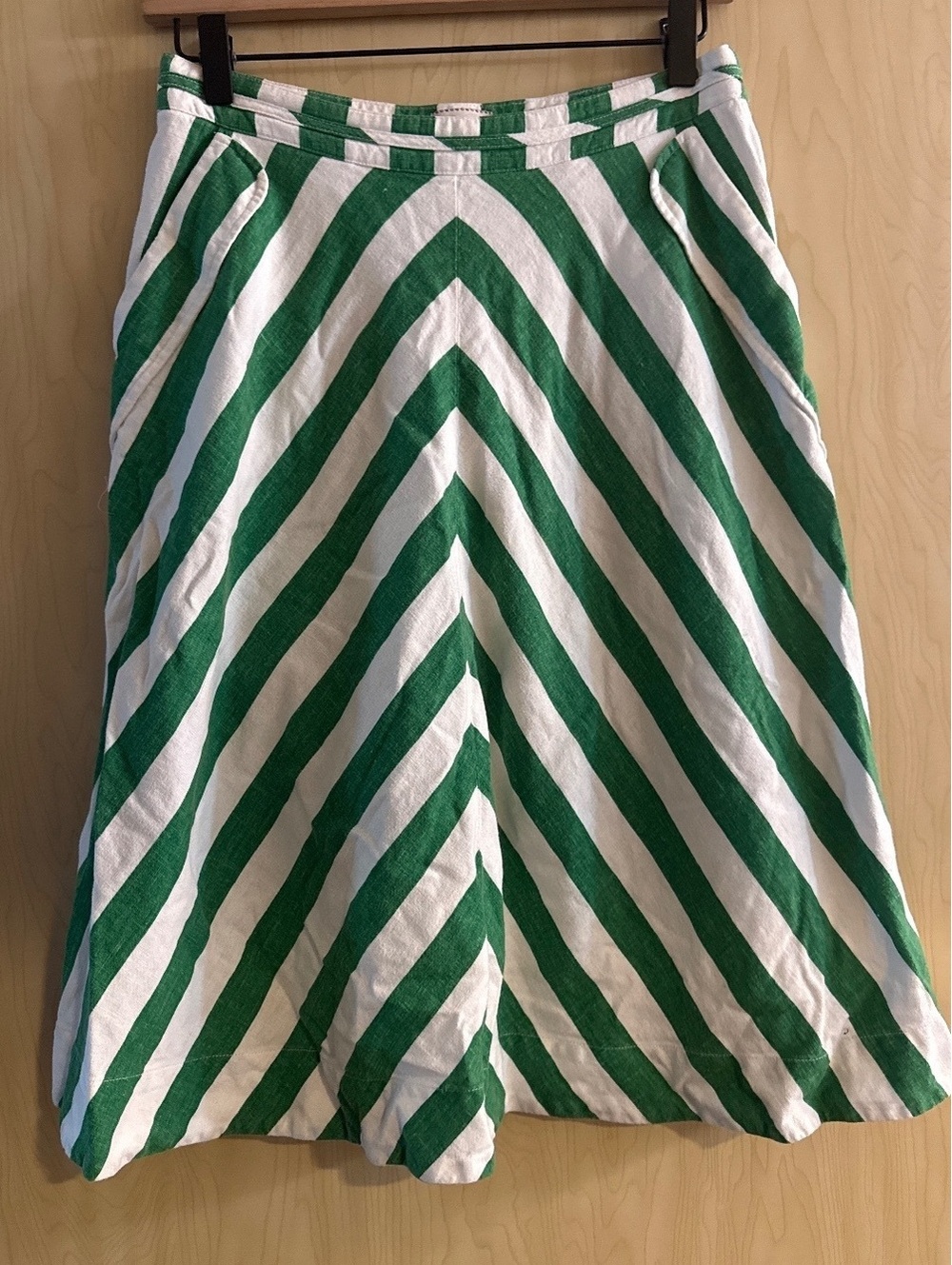Anthropologie Postmark green and white chevron stripe A-line midi skirt 4p